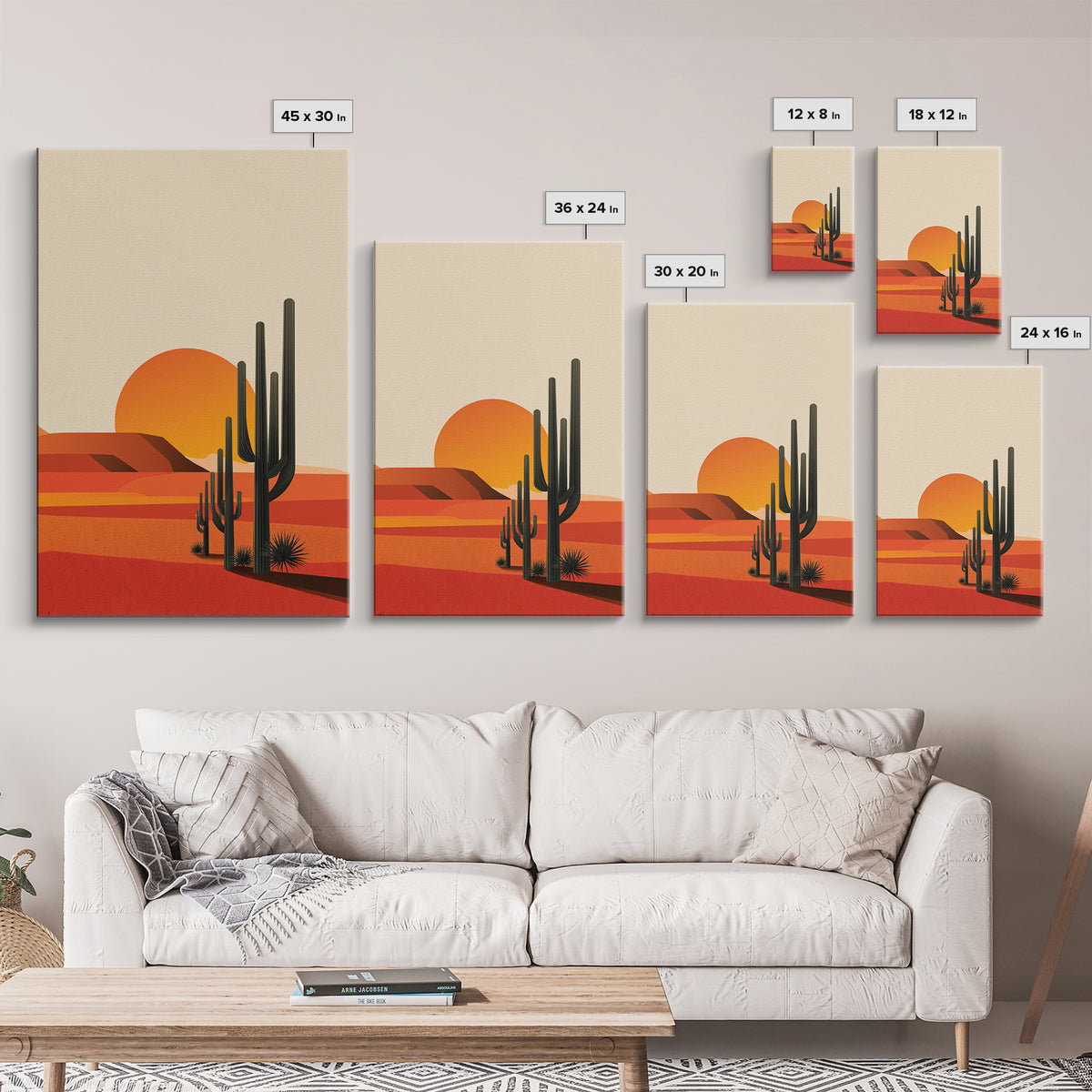 Orange Desert Sun With Tall Cactus Framed Canvas Print, Mid Century Modern Art, Minimal Southwest Decor, Warm Retro Poster