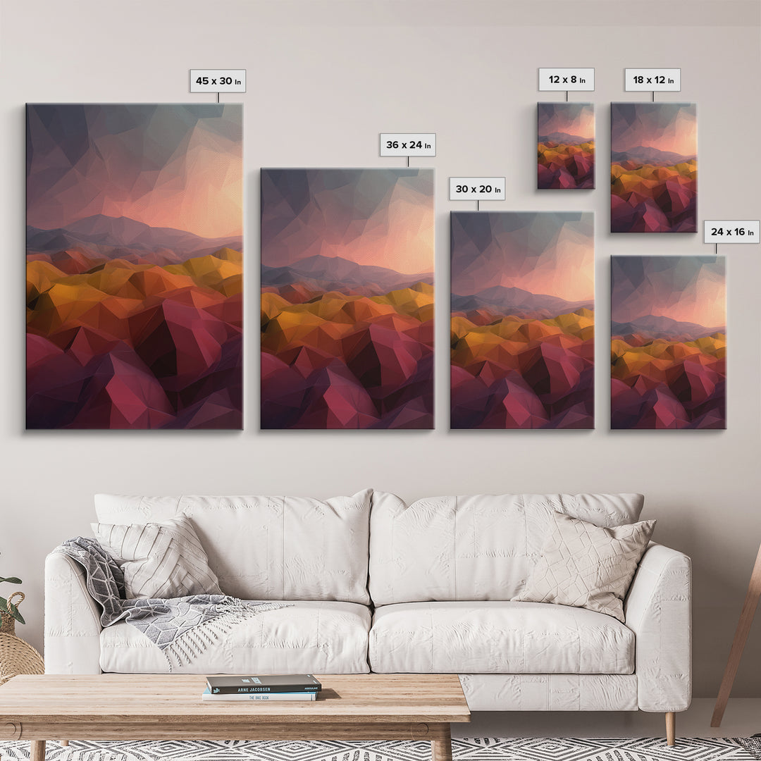 Low Poly Desert Sunset Over Red Hills Framed Canvas Print, Abstract Landscape Wall Art, Southwestern Decor, Modern Poster
