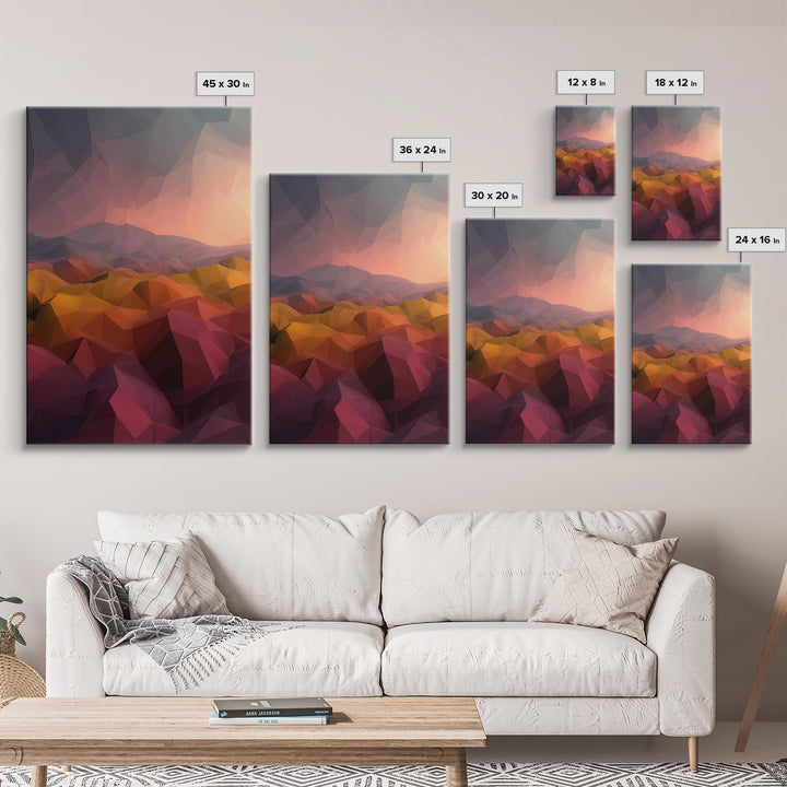 Low Poly Desert Sunset Over Red Hills Framed Canvas Print, Abstract Landscape Wall Art, Southwestern Decor, Modern Poster
