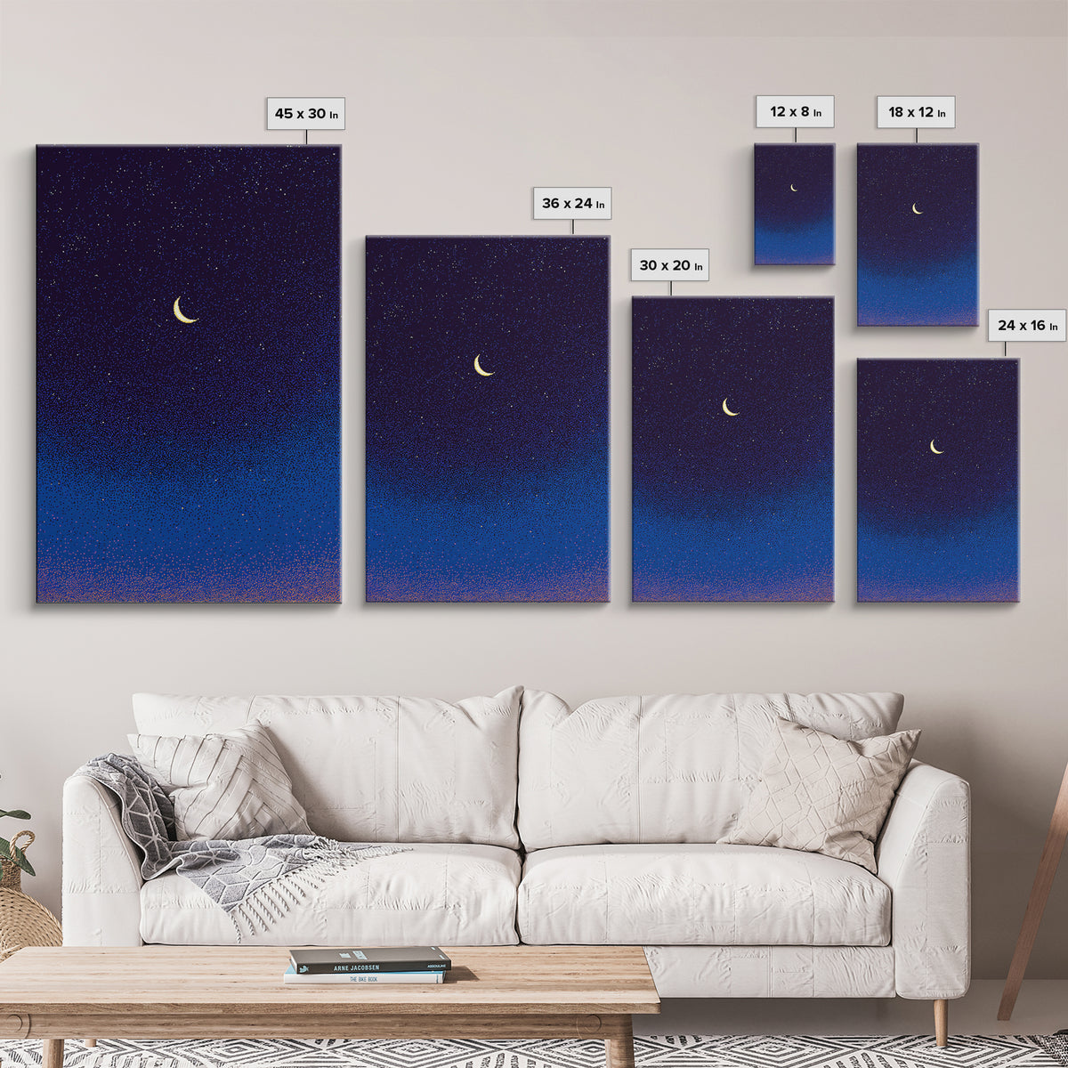 Purple Blue Crescent Moon Canvas Print, Starry Night Sky Wall Art, Celestial Bedroom Decor, Modern Spiritual Poster Gift