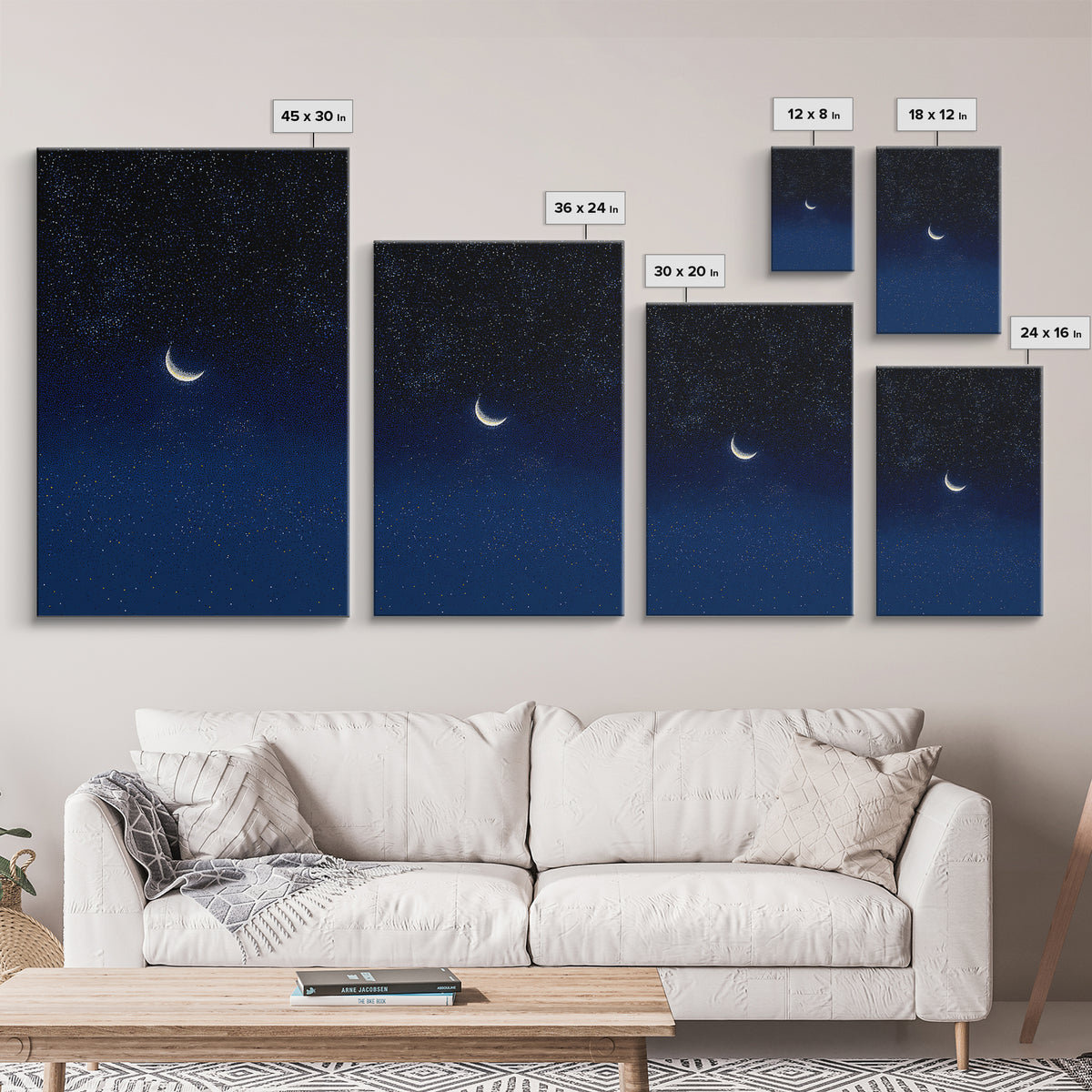 Glowing Crescent Moon Blue Star Field Canvas Print, Celestial Night Sky Poster, Modern Wall Decor, Dreamy Bedroom Art Print