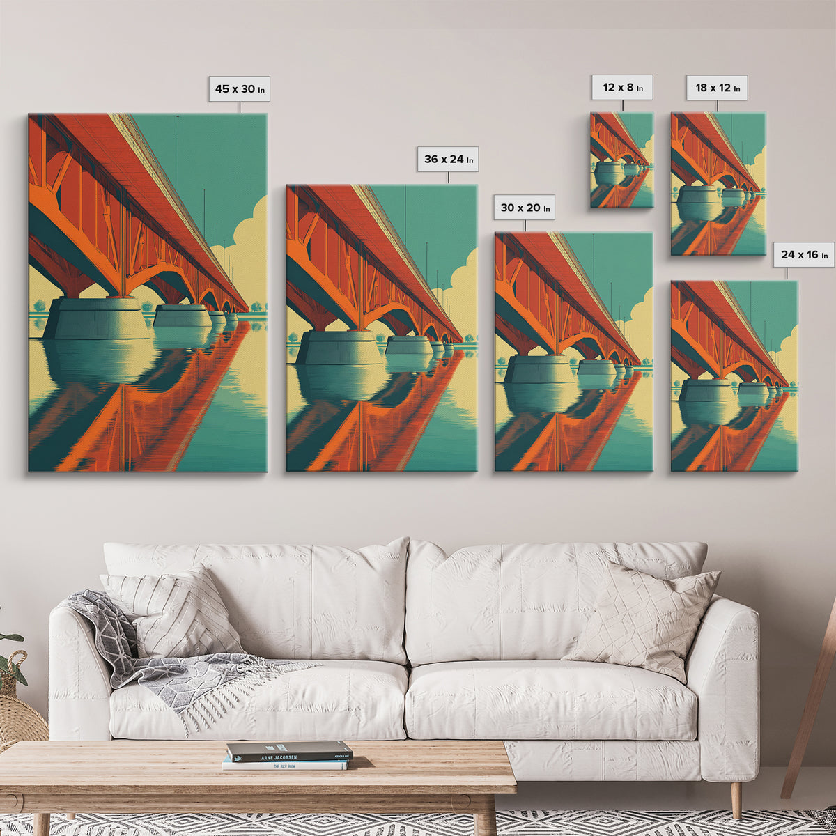 Orange Steel Bridge Reflection Wall Art, Retro Travel Poster, Midcentury Modern Decor, Architectural Art Print For Living Room