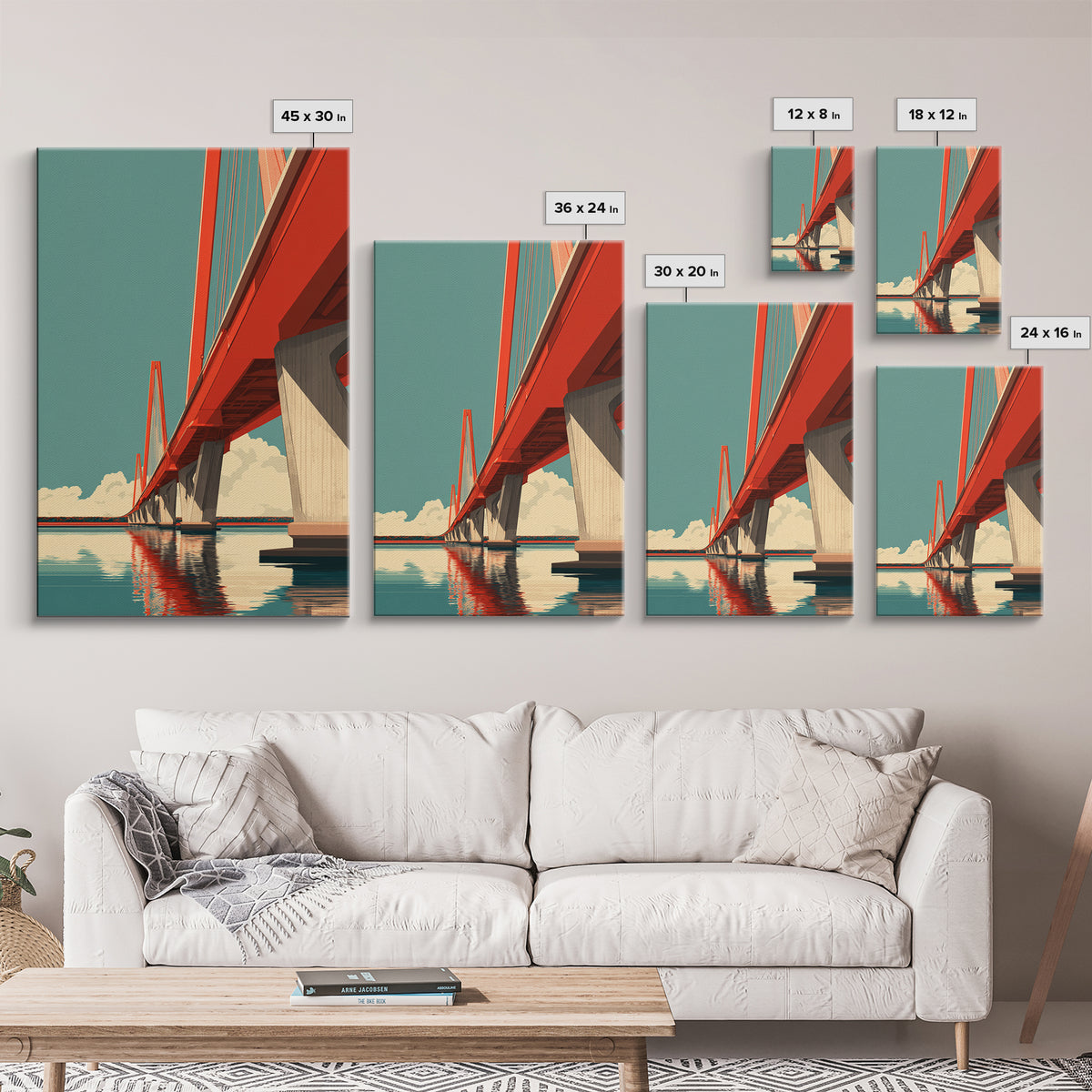 Red Suspension Bridge Over Water Canvas Print, Modern Travel Poster, Architectural Wall Art, Midcentury Decor, Coastal Home Print
