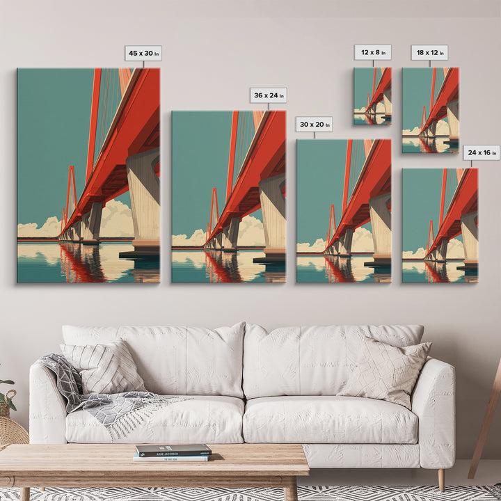 Red Suspension Bridge Over Water Canvas Print, Modern Travel Poster, Architectural Wall Art, Midcentury Decor, Coastal Home Print