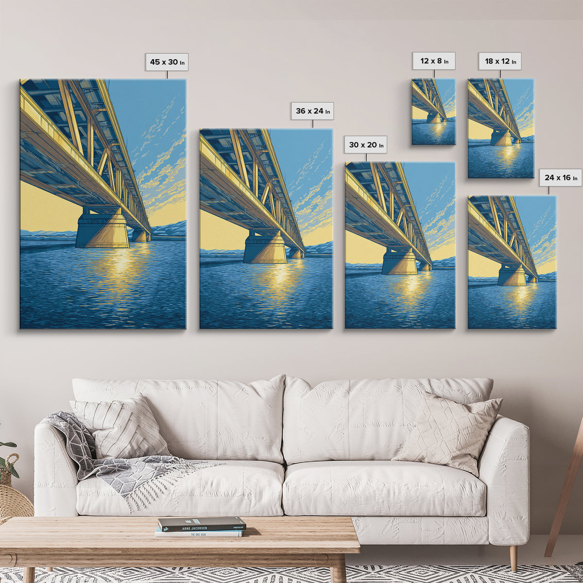 Blue Golden Bridge At Sunset Framed Canvas Print, Scenic Landscape Wall Art, Modern Coastal Decor, Lake House Art Print Gift
