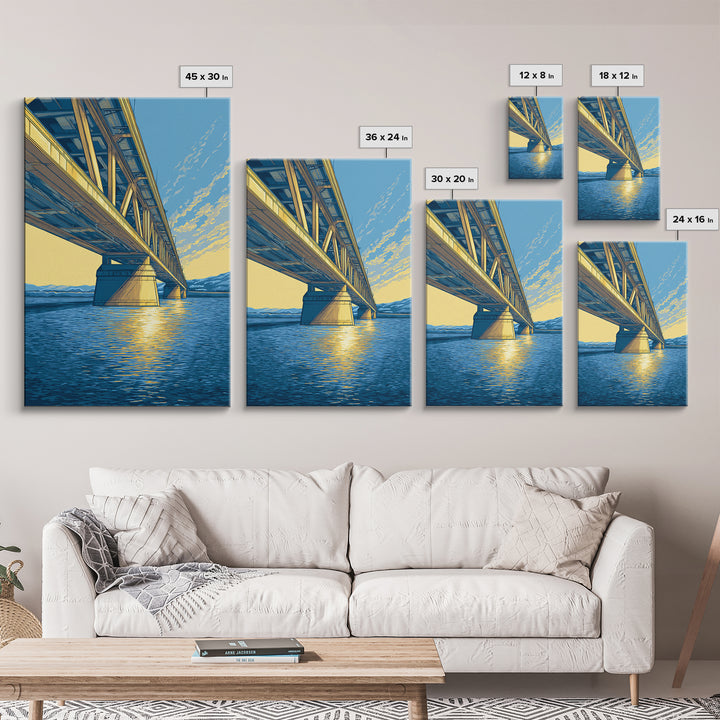 Blue Golden Bridge At Sunset Framed Canvas Print, Scenic Landscape Wall Art, Modern Coastal Decor, Lake House Art Print Gift