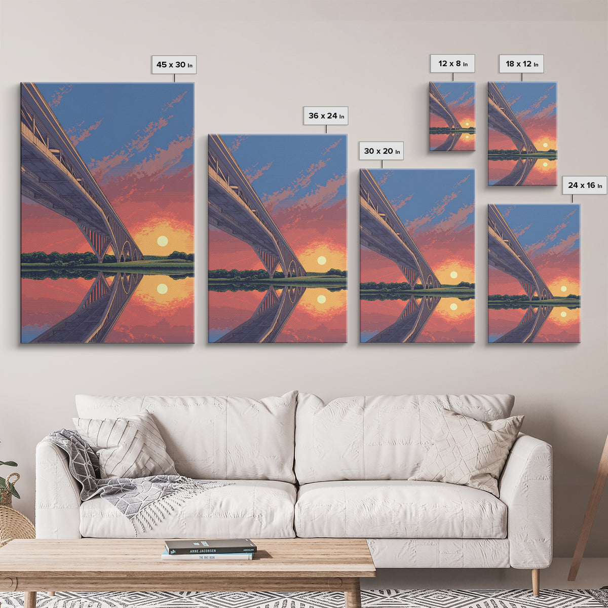 Sunset Bridge Reflection Wall Art, Pink Orange Sky Landscape Poster, Retro Travel Print, Modern Home Decor, Scenic Canvas Print