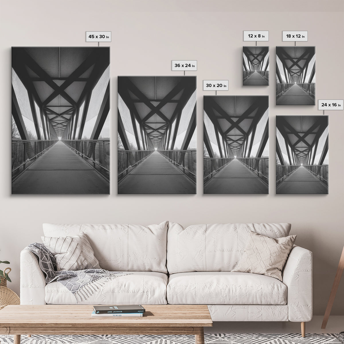 Black And White Pedestrian Bridge Wall Art, Architectural Perspective Print, Modern Office Decor, Minimalist Framed Canvas Print