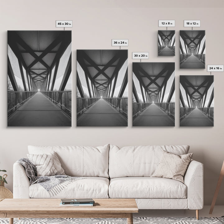 Black And White Pedestrian Bridge Wall Art, Architectural Perspective Print, Modern Office Decor, Minimalist Framed Canvas Print
