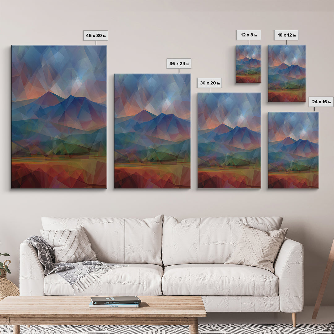 Low Poly Blue Mountain Peaks At Dusk Canvas Print, Abstract Landscape Wall Art, Modern Home Decor, Scenic Nature Poster Print