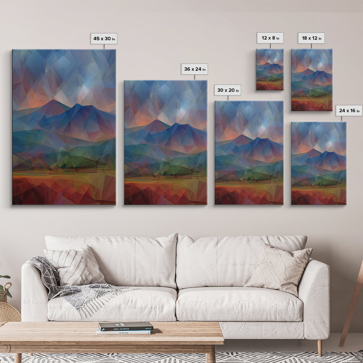 Low Poly Blue Mountain Peaks At Dusk Canvas Print, Abstract Landscape Wall Art, Modern Home Decor, Scenic Nature Poster Print