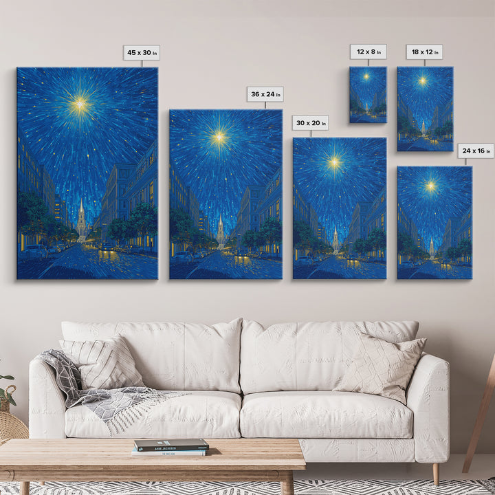 Radiant Starburst Above Blue City Street Canvas Print, Night Skyline Wall Art, Modern Travel Poster, Gothic Cathedral Decor