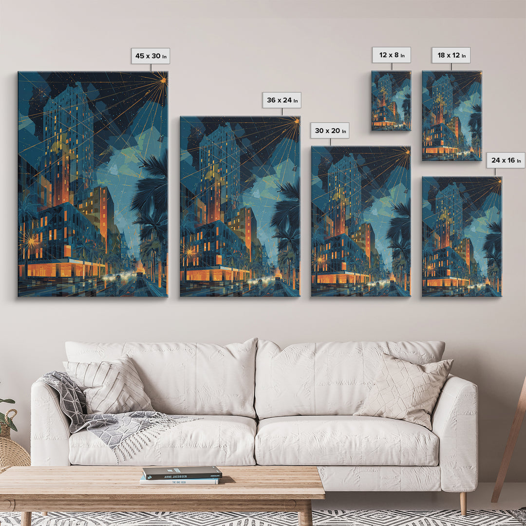 Glowing Art Deco Night City With Palms Wall Art, Mid Century Modern Poster, Retro Urban Decor, Blue Orange Living Room Print