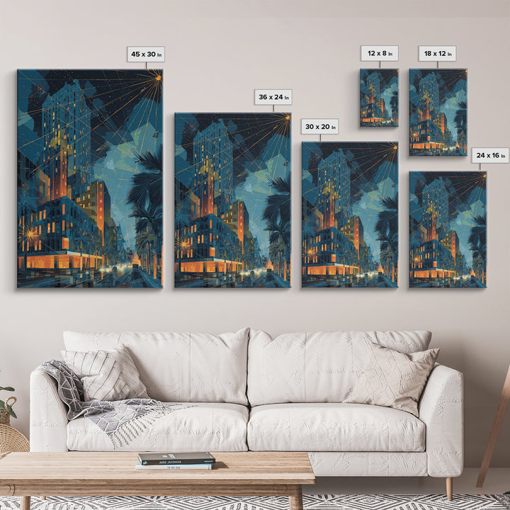 Glowing Art Deco Night City With Palms Wall Art, Mid Century Modern Poster, Retro Urban Decor, Blue Orange Living Room Print