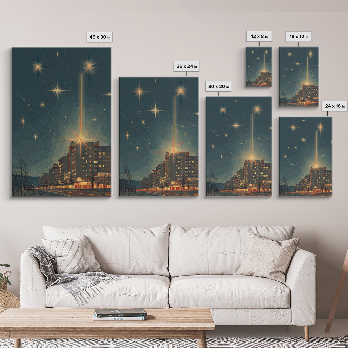 Radiant Starburst Skyline Over Waterfront Wall Art, Mid Century Modern City Print, Retro Night Decor, Office Poster Gift