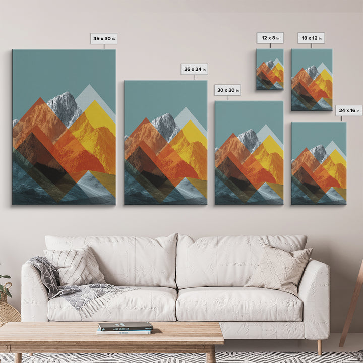 Layered Orange Geometric Mountain Peaks Canvas Print, Mid Century Modern Wall Art, Abstract Landscape Poster, MCM Decor Gift