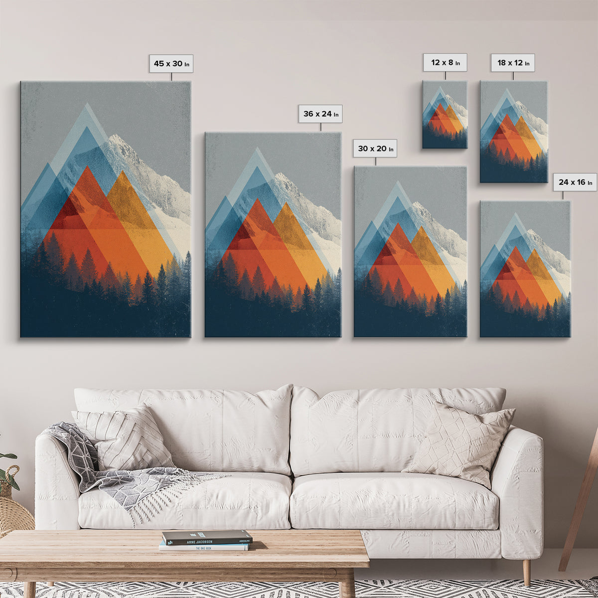 Snowy Alpine Peak With Orange Blue Triangles Framed Canvas Print, Mid Century Modern Wall Art, Forest Landscape Decor Print