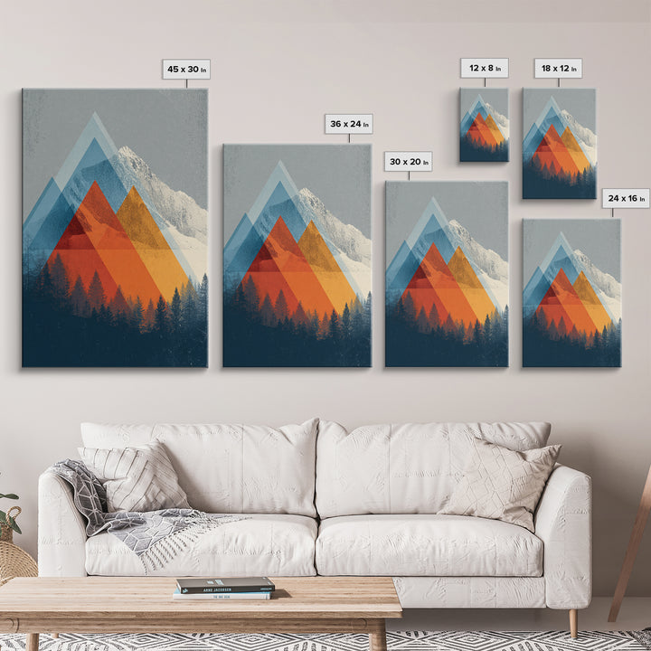 Snowy Alpine Peak With Orange Blue Triangles Framed Canvas Print, Mid Century Modern Wall Art, Forest Landscape Decor Print