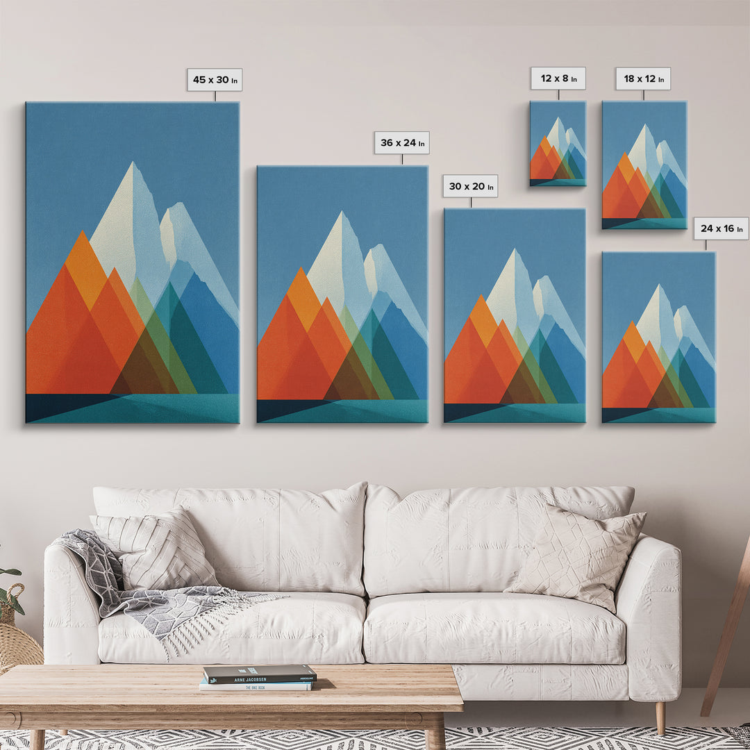 Minimalist Blue And Orange Mountain Triangles Wall Art, Mid Century Modern Canvas Print, Geometric Landscape Home Decor Gift