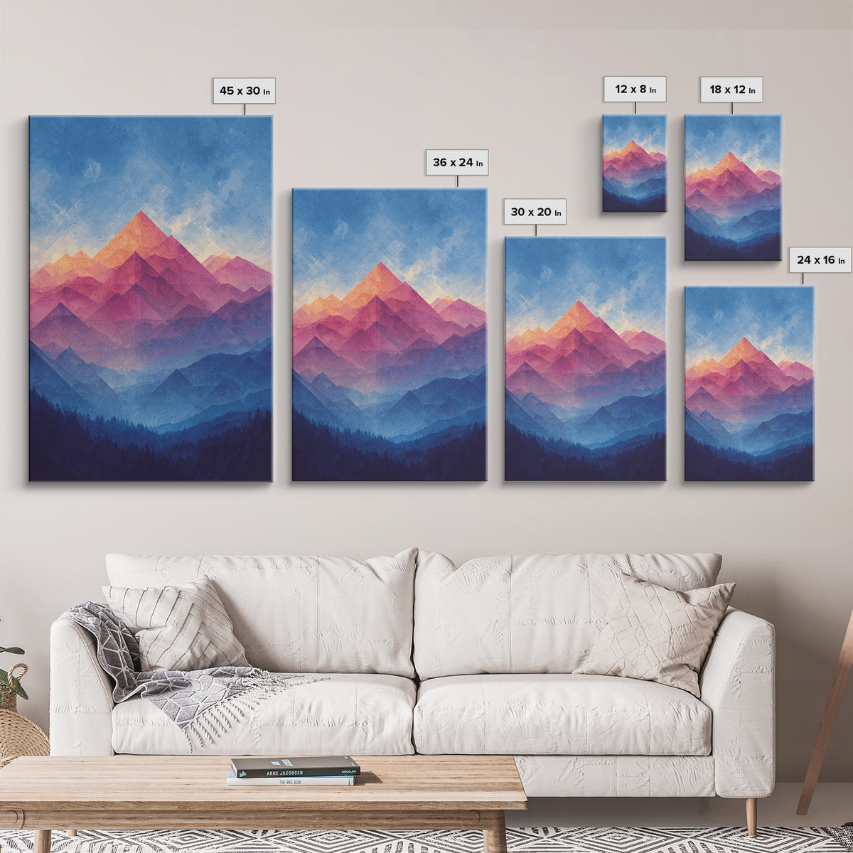 Pink And Blue Layered Mountain Sunset Wall Art, Mid Century Modern Abstract Landscape Print, Colorful Bedroom Decor Gift