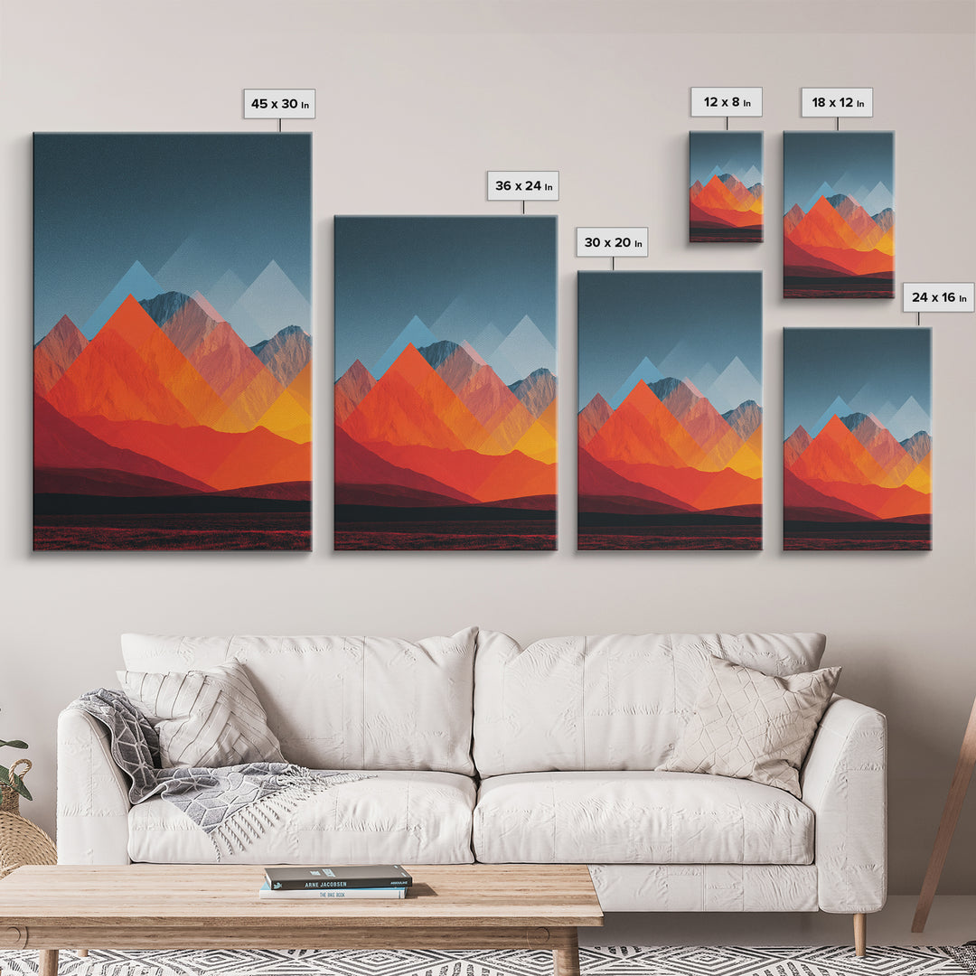 Fiery Red Orange Desert Mountain Range Canvas Print, Mid Century Modern Wall Art, Abstract Geometric Southwest Decor Gift