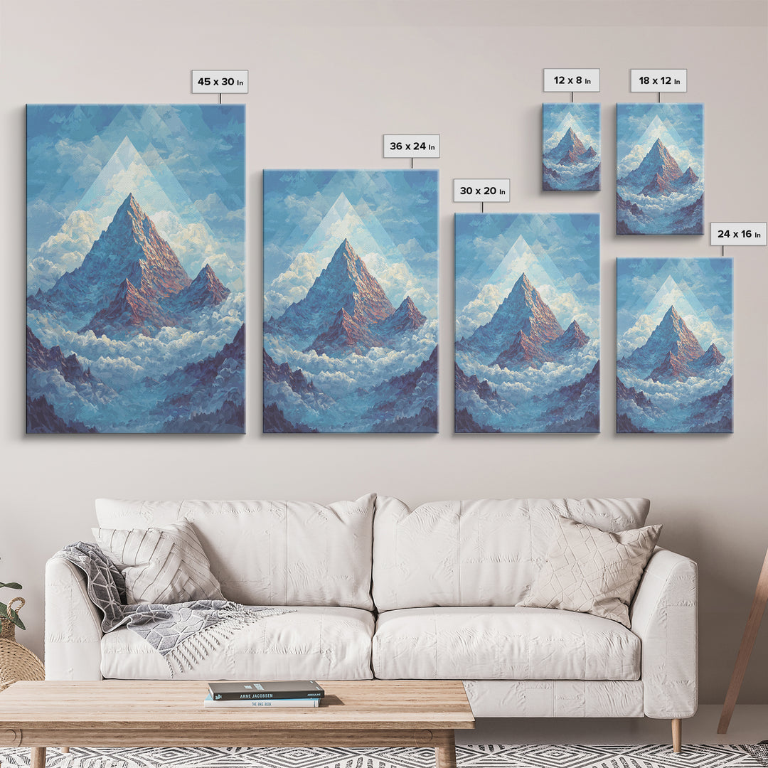 Snowy Peak Rising Above Clouds Framed Canvas Print, Mid Century Modern Wall Art, Blue Mountain Landscape Office Decor Poster