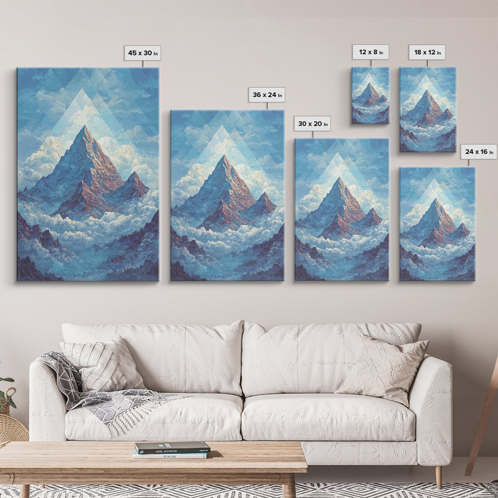 Snowy Peak Rising Above Clouds Framed Canvas Print, Mid Century Modern Wall Art, Blue Mountain Landscape Office Decor Poster