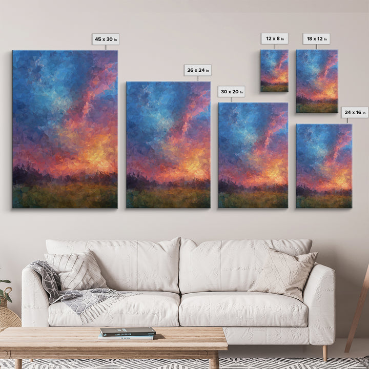 Polygon Sunset Sky With Blue Pink Clouds Wall Art, Colorful Landscape Poster, Abstract Nature Art, Modern Bedroom Decor Print