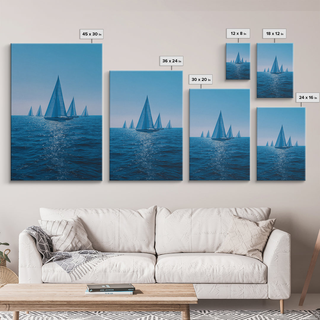 Blue Sailboats On Sparkling Ocean Wall Art, Mid Century Modern Canvas Print, Nautical Coastal Decor, Beach House Poster Gift