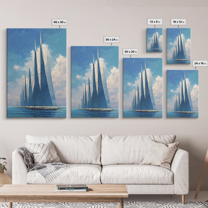Blue Sailboat Fleet On Sparkling Sea Wall Art, Nautical Coastal Decor, Modern Art Print, Living Room Ocean Canvas, Boat Lover Gift