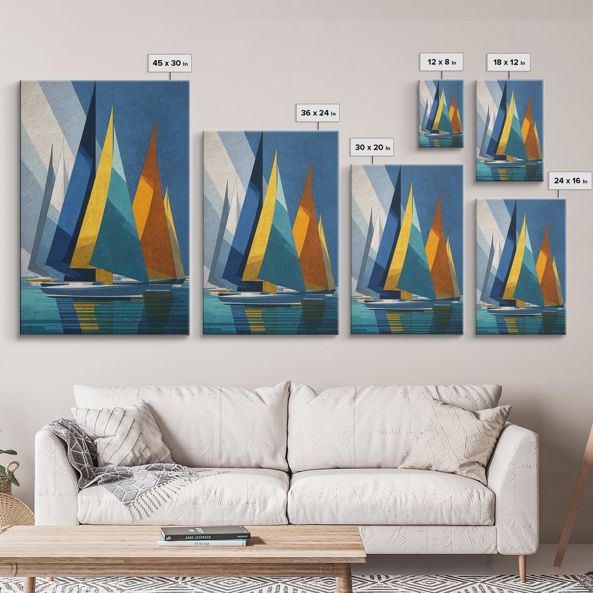 Geometric Sailboats With Yellow And Orange Sails Canvas Print, Midcentury Modern Wall Art, Coastal Nautical Decor, Boat Lover Gift