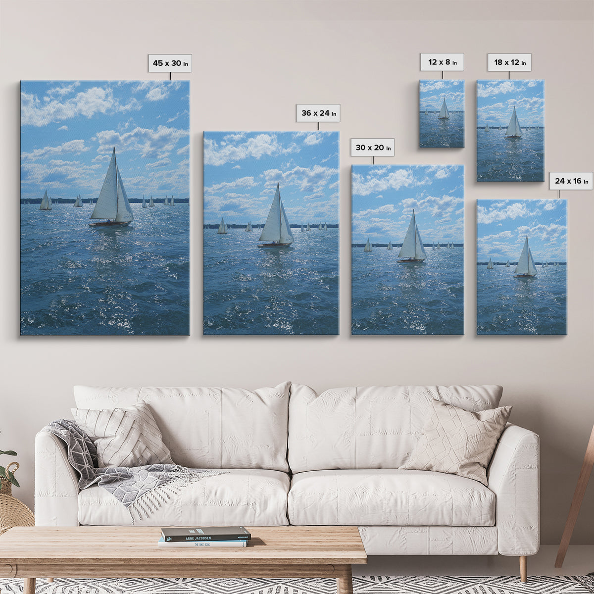 White Sailboats On Sparkling Blue Lake Wall Art, Coastal Travel Poster, Nautical Living Room Decor, Boat Lover Gift, Office Decor