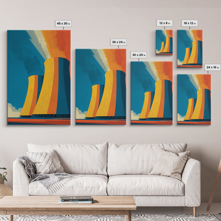 Orange Teal Cooling Towers Canvas Print, Industrial Architecture Wall Art, Retro Modern Decor, Bold Energy Poster, Office Statement Piece