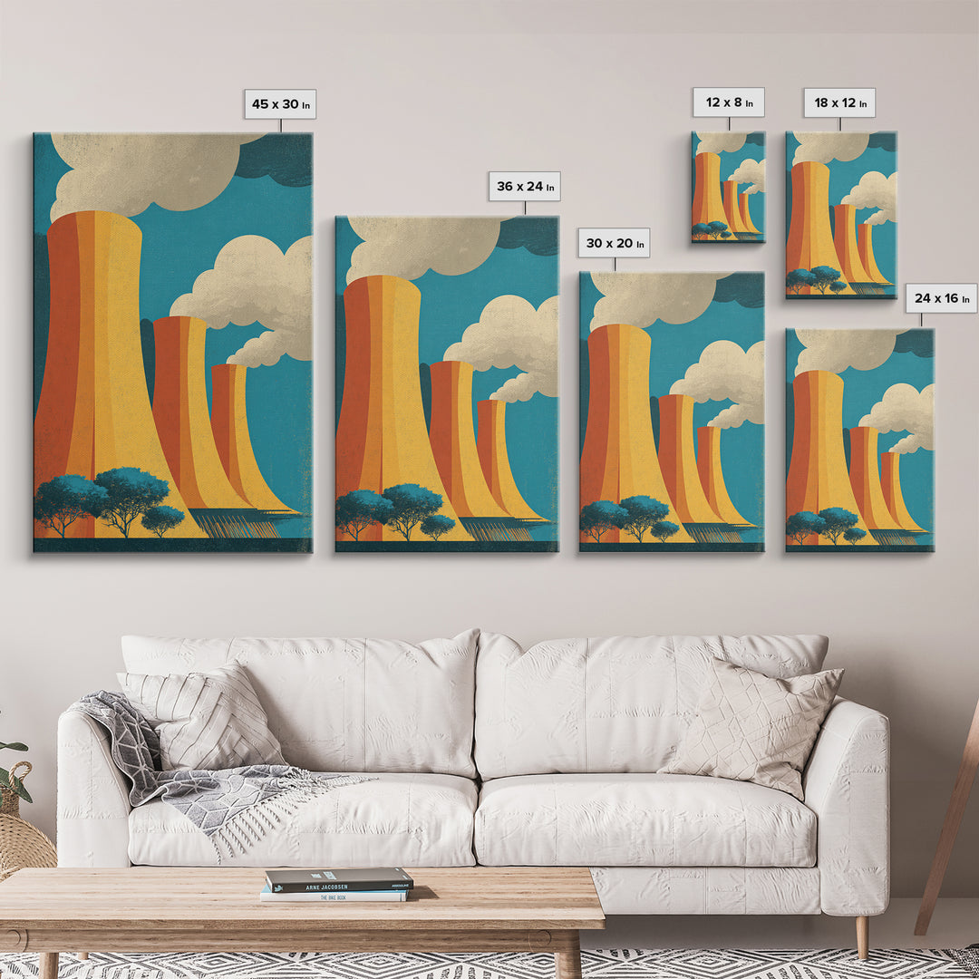 Three Orange Cooling Towers With Steam Framed Canvas Print, Industrial Wall Art, Retro Modern Decor, Power Plant Posters