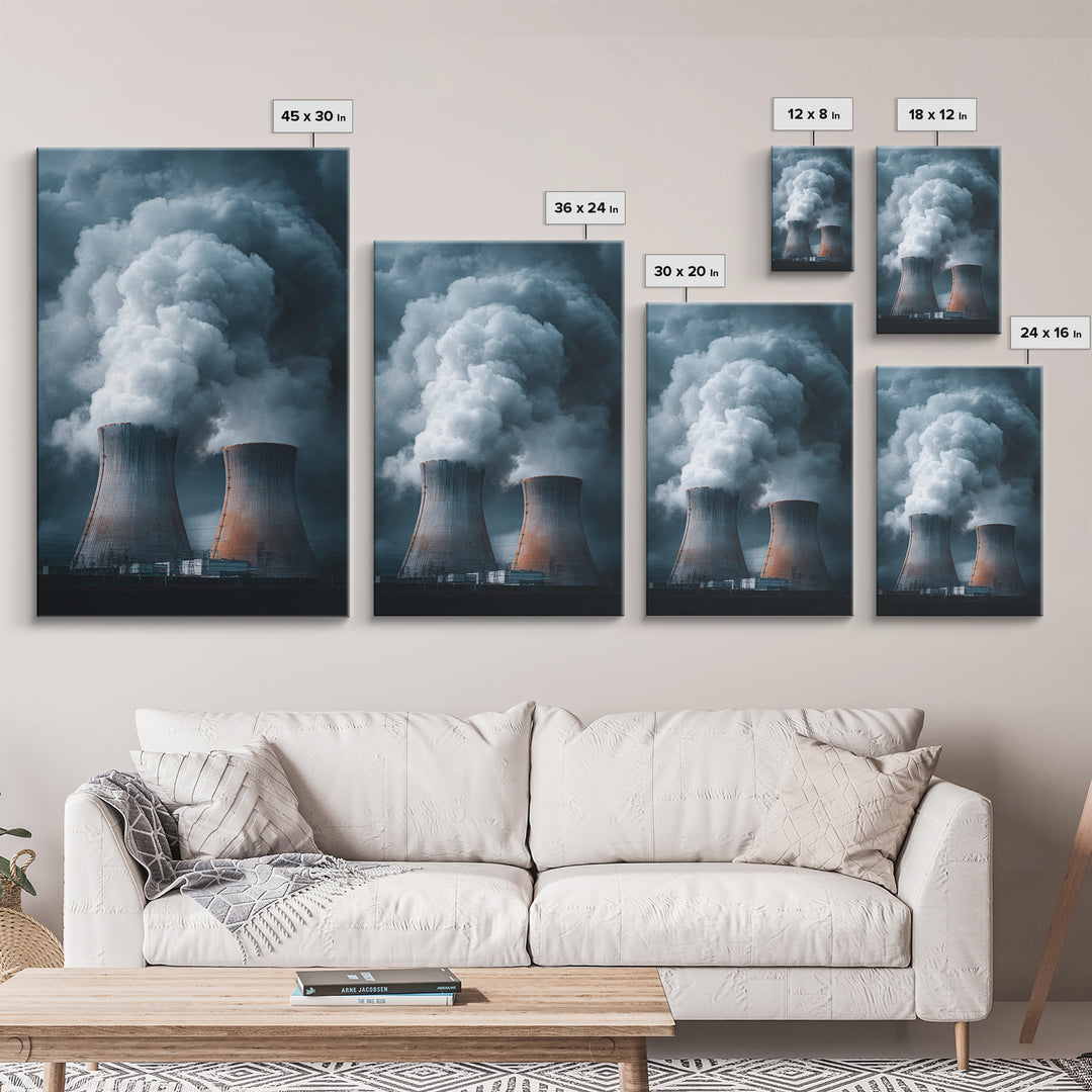 Dark Cooling Towers Under Storm Clouds Wall Art, Industrial Photography Print, Modern Office Decor, Dramatic Power Plant