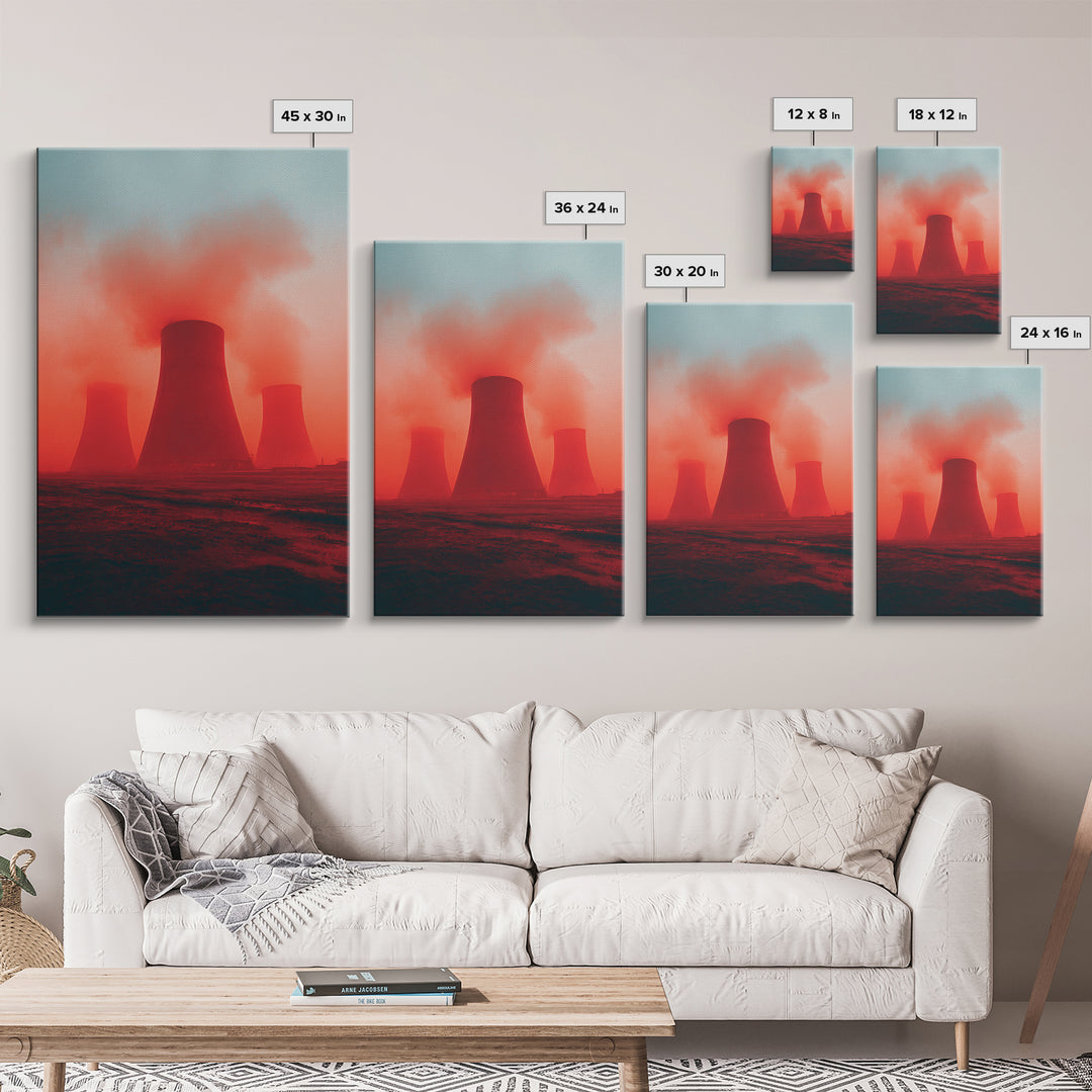 Red Fog Cooling Towers At Dusk Canvas Print, Industrial Landscape Wall Art, Moody Modern Decor, Power Plant Poster, Statement Piece