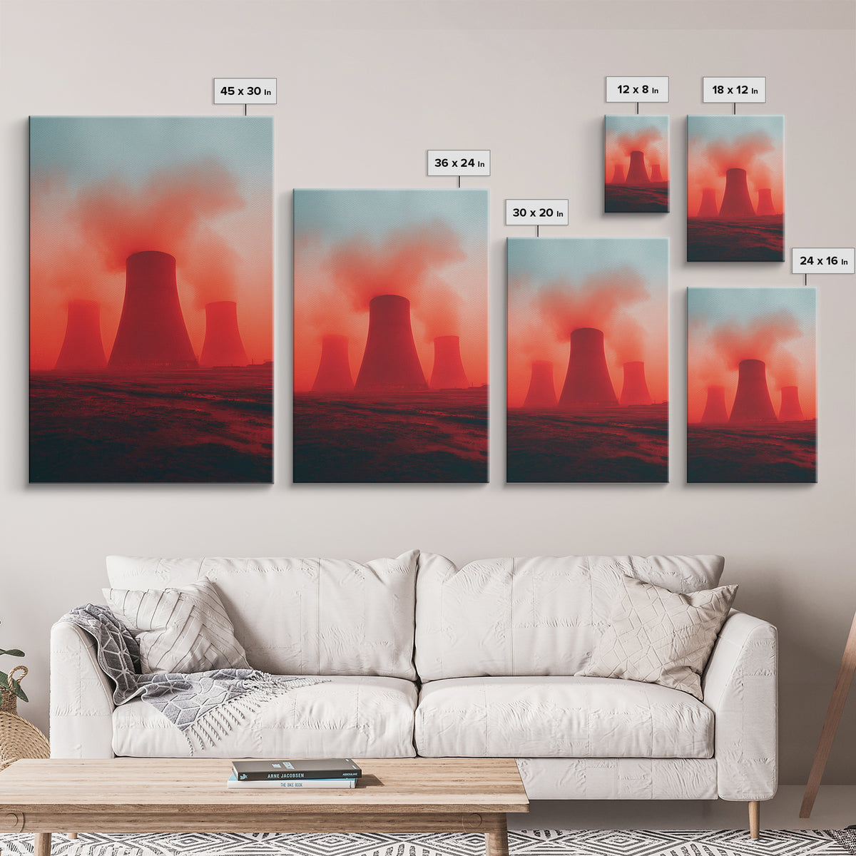 Red Fog Cooling Towers At Dusk Canvas Print, Industrial Landscape Wall Art, Moody Modern Decor, Power Plant Poster, Statement Piece