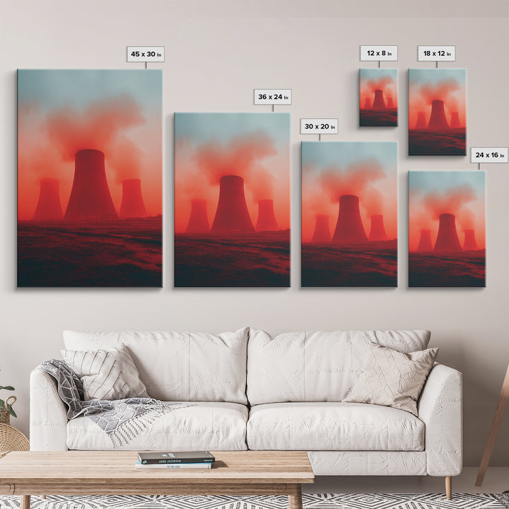 Red Fog Cooling Towers At Dusk Canvas Print, Industrial Landscape Wall Art, Moody Modern Decor, Power Plant Poster, Statement Piece
