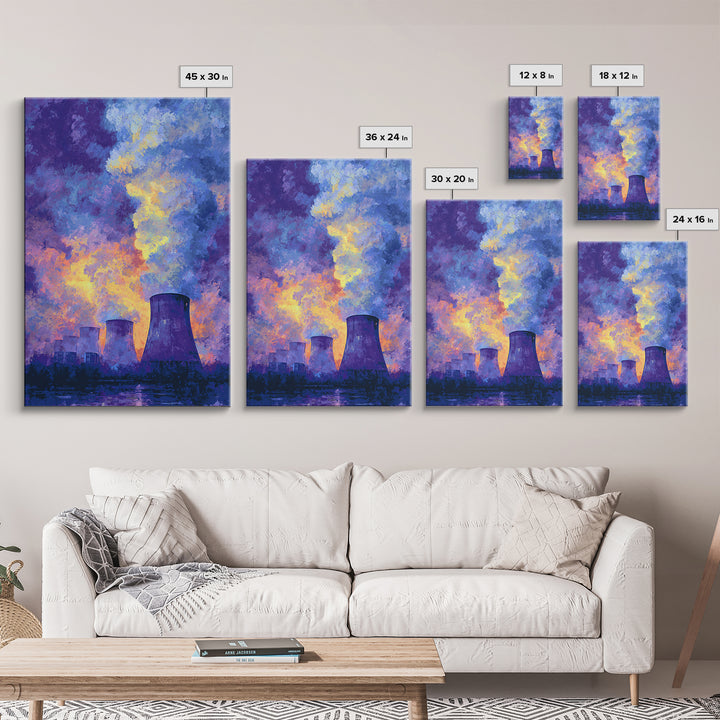 Purple Sunset Cooling Towers With Colorful Smoke Wall Art, Industrial Modern Art Print, Dramatic Office Decor, Energy Poster