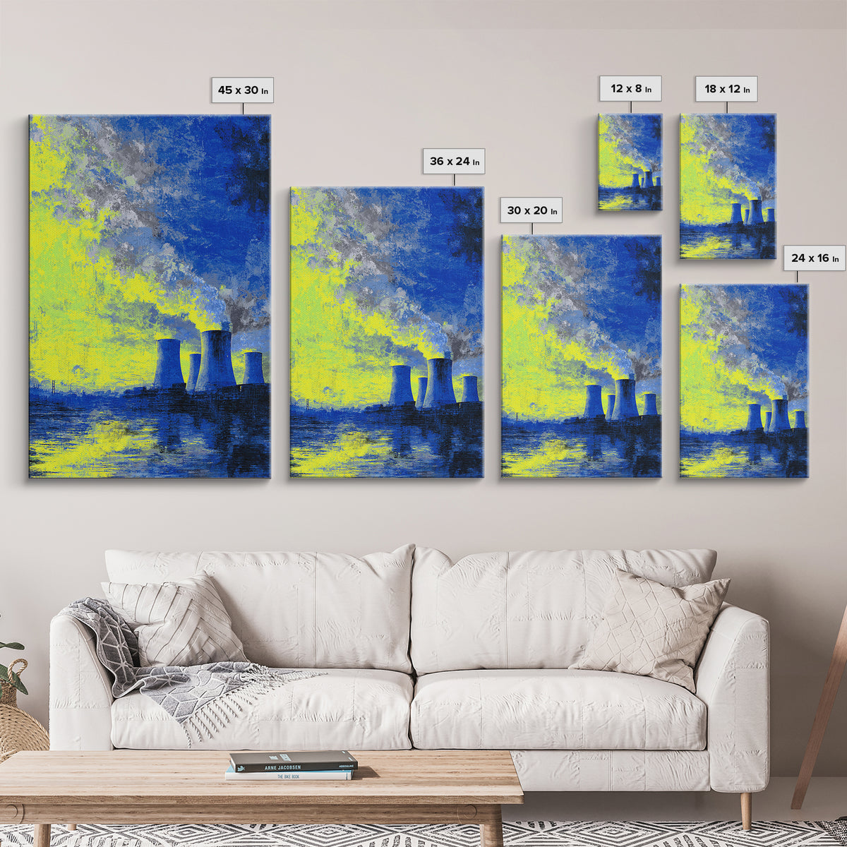 Blue Yellow Power Plant Across Water Canvas Print, Industrial Wall Art, Modern Abstract Decor, Bold Office Poster, Statement Piece