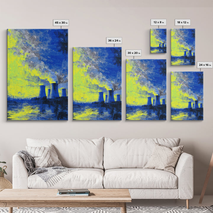 Blue Yellow Power Plant Across Water Canvas Print, Industrial Wall Art, Modern Abstract Decor, Bold Office Poster, Statement Piece