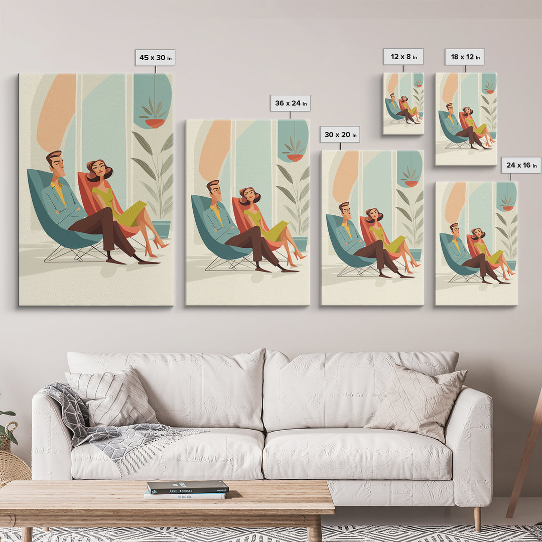 Elegant Midcentury Couple In Teal Chair Framed Canvas Print, Modern Wall Art, Retro Home Decor, MCM Gallery Wall Print Gift