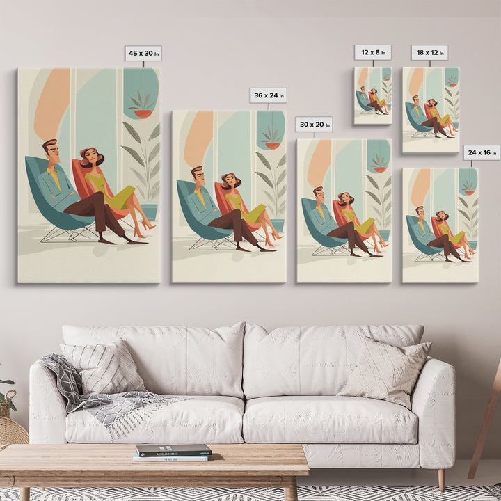 Elegant Midcentury Couple In Teal Chair Framed Canvas Print, Modern Wall Art, Retro Home Decor, MCM Gallery Wall Print Gift