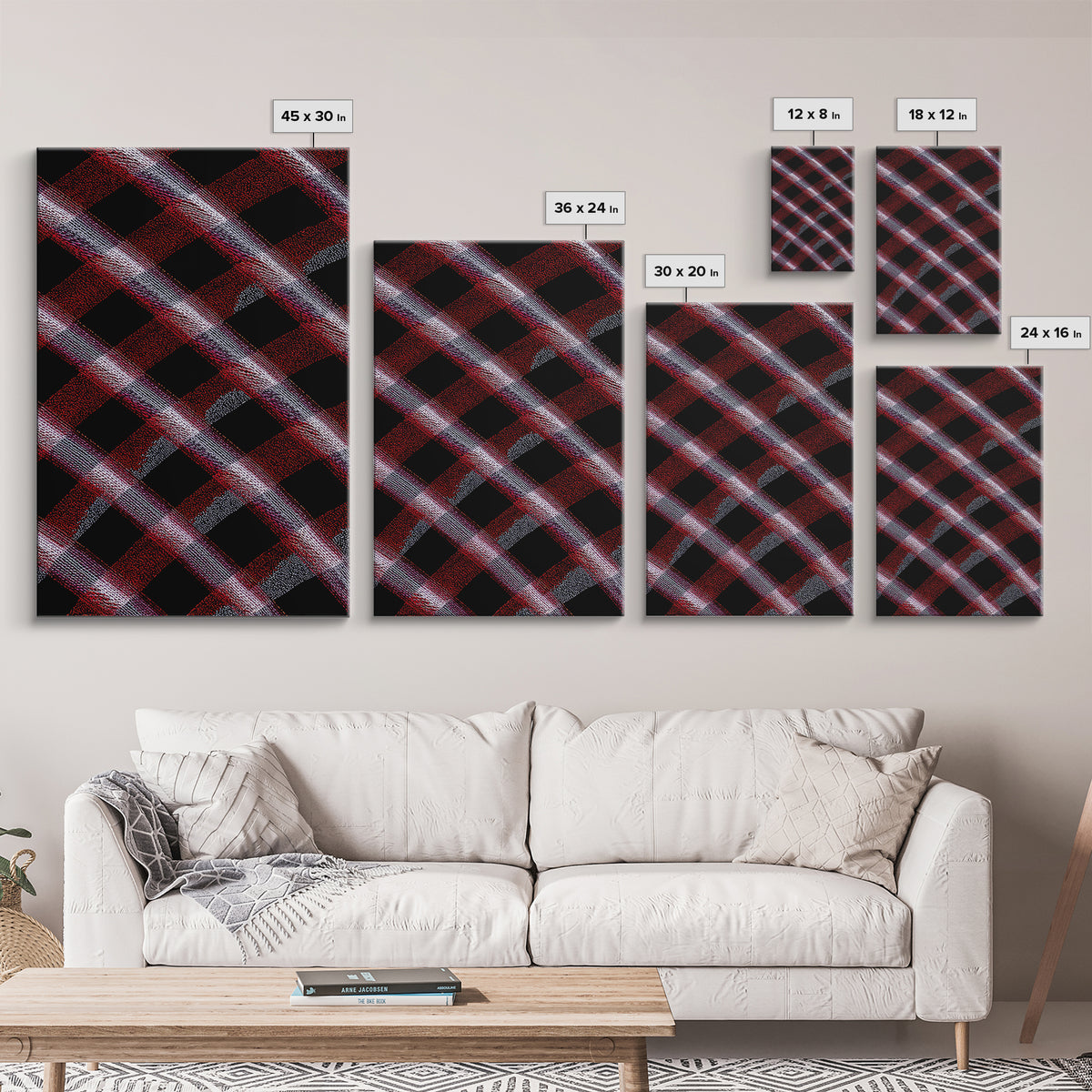 Red Black Plaid Lattice Abstract Wall Art, Geometric Pattern Print, Modern Home Decor, Bold Retro Office Decor Canvas Print