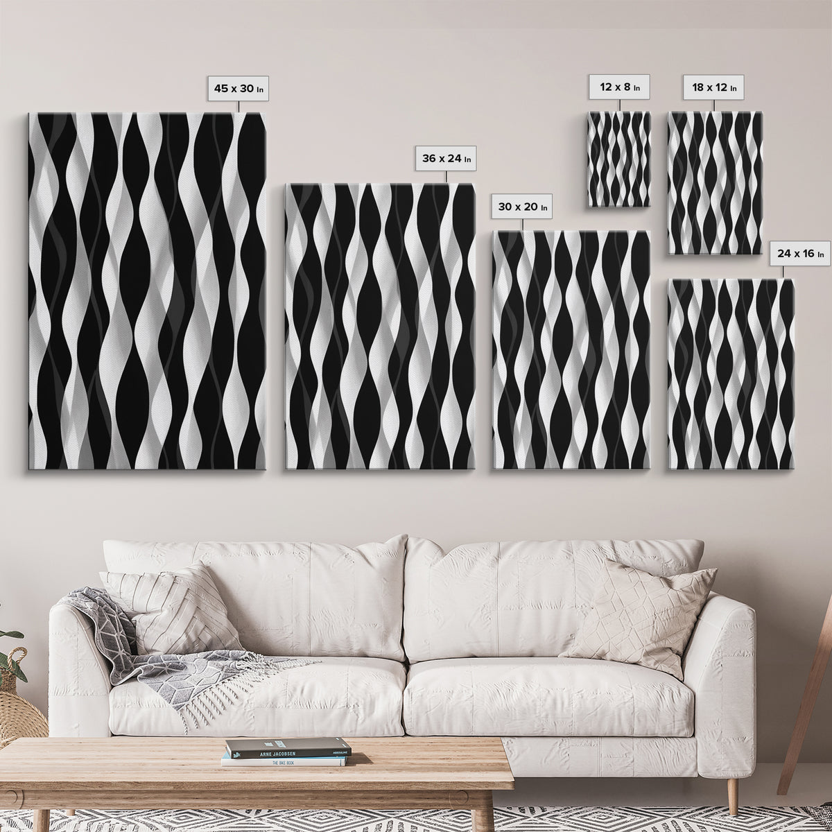 Black White Wavy Stripe Abstract Canvas Print, Op Art Wall Decor, Minimalist Modern Wall Art, Monochrome Home Decor Print
