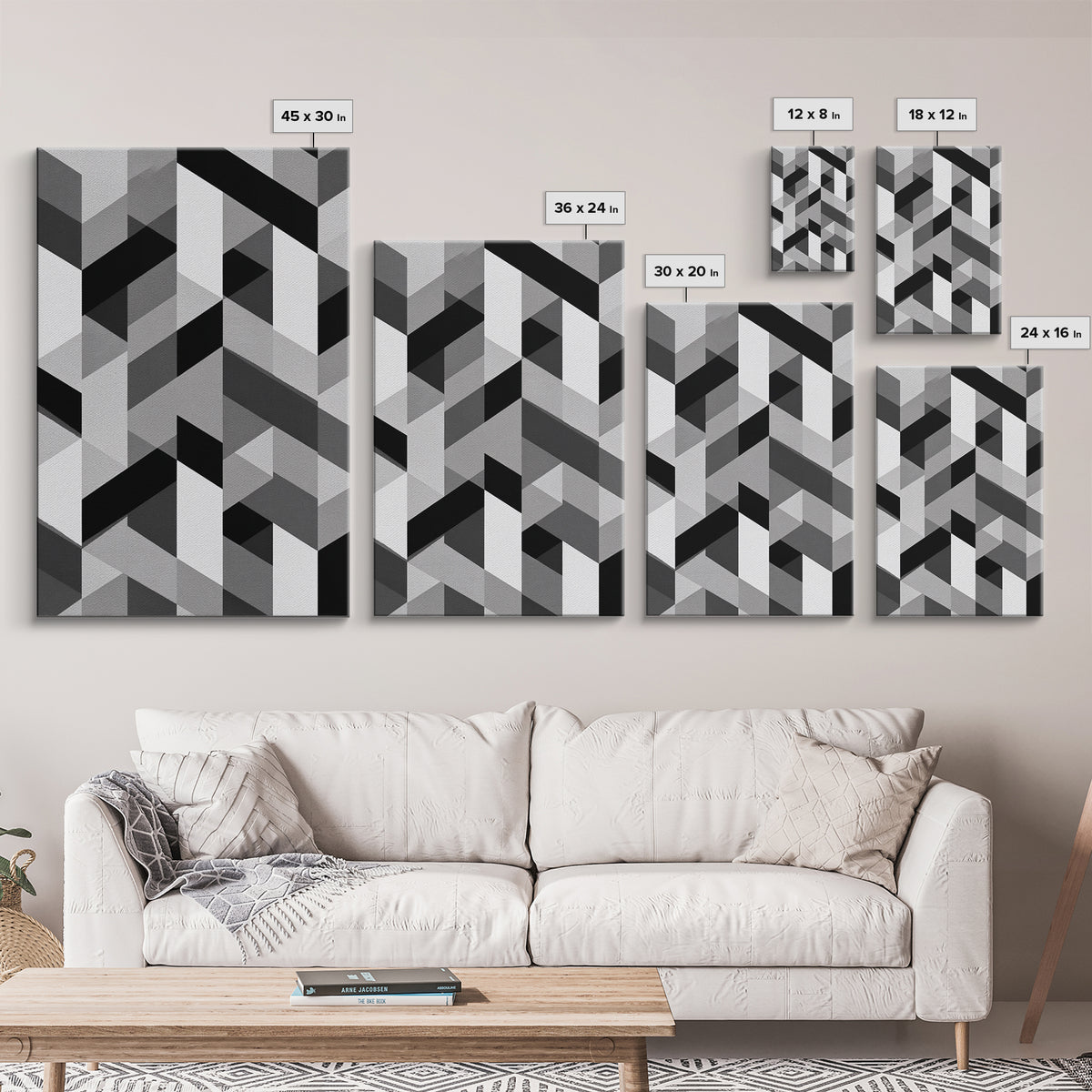 Grayscale Cubist Geometric Pattern Wall Art, Modern Abstract Art Print, Black White Office Decor, MCM Home Decor Canvas Print
