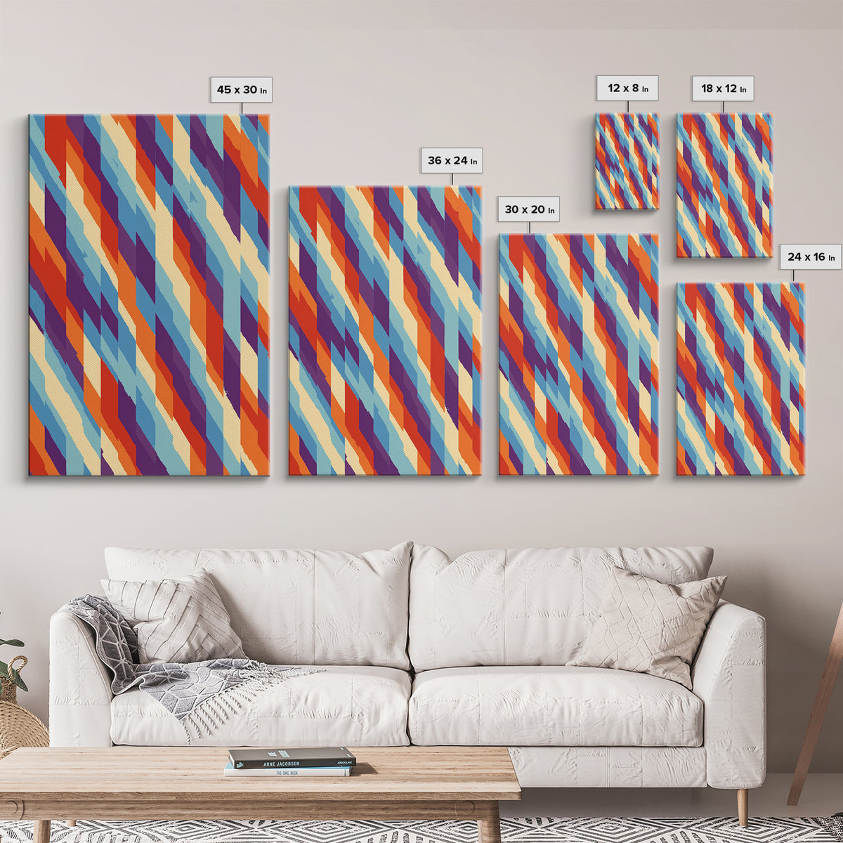 Colorful Diagonal Stripe Abstract Canvas Print, Retro Modern Wall Art, Bright Geometric Decor, 70s MCM Living Room Print