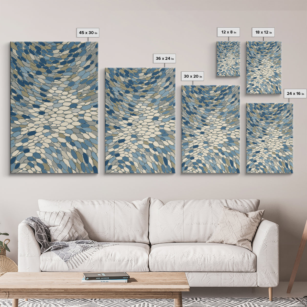 Blue Beige Mosaic Vortex Canvas Print, Midcentury Modern Abstract Art, Geometric Wall Decor, Optical Pattern Home Art Print