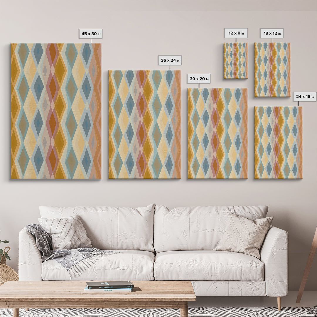 Pastel Argyle Diamond Pattern Wall Art, Mid Century Modern Geometric Print, Retro Abstract Decor, Mustard Blue Canvas Home Decor