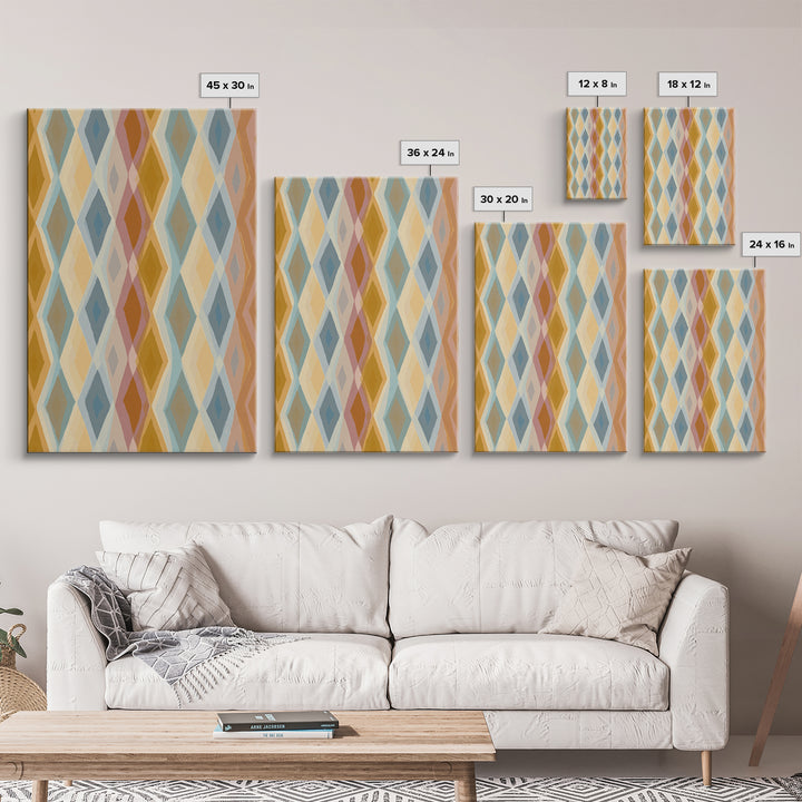 Pastel Argyle Diamond Pattern Wall Art, Mid Century Modern Geometric Print, Retro Abstract Decor, Mustard Blue Canvas Home Decor